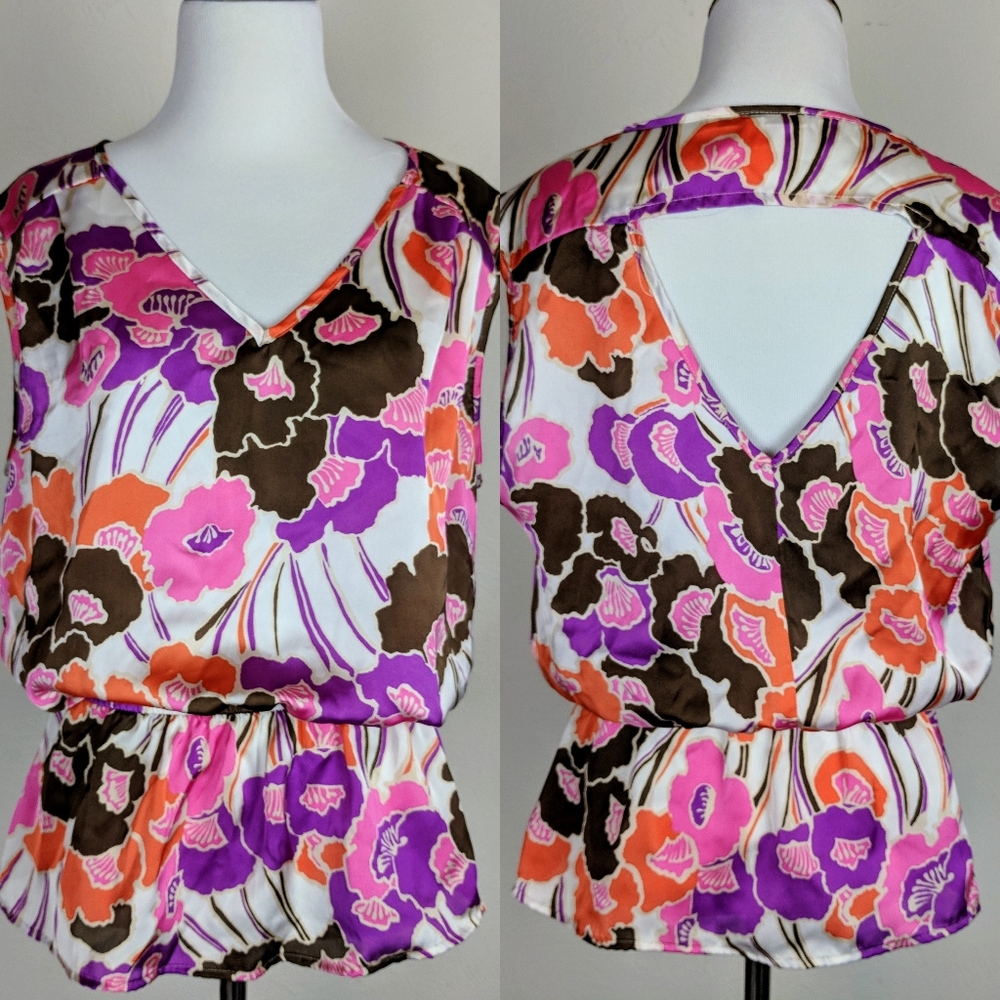 Daniel Rainn Top Blouse Multicolor Floral Open Back Spring Summer Tropical Boho